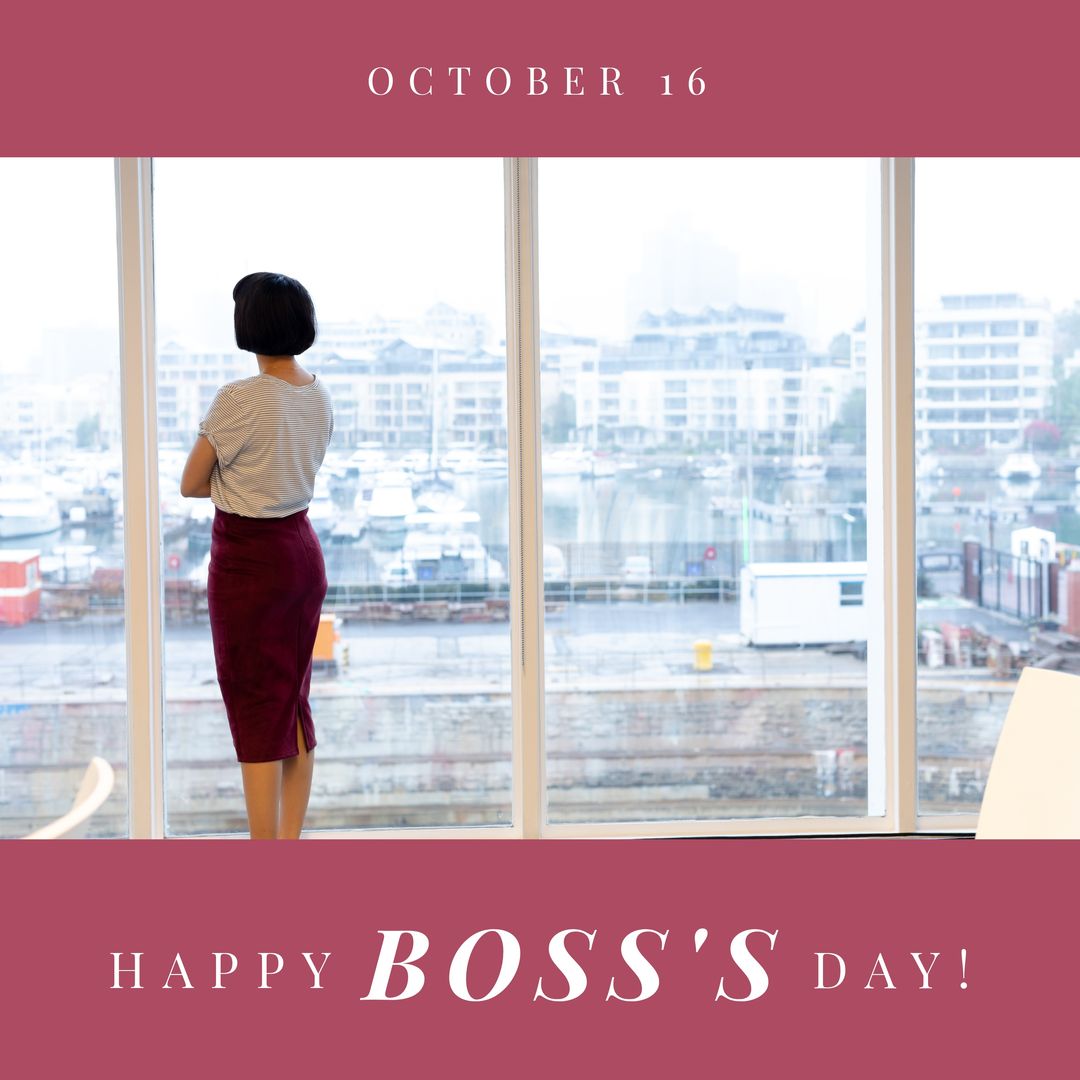 Image of happy boss day over back view of caucasian woman looking outside window in office - Download Free Stock Templates Pikwizard.com