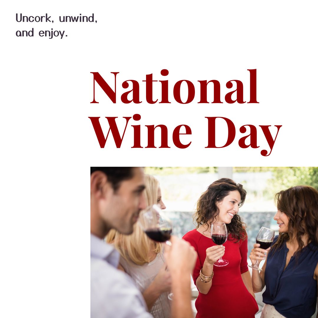 Uncork, unwind, enjoy and national wine day text over caucasian friend enjoying wine in party - Download Free Stock Templates Pikwizard.com