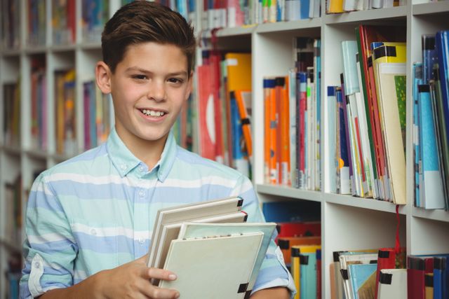 Portrait of schoolboy holding books in library - Download Free Stock Photos Pikwizard.com