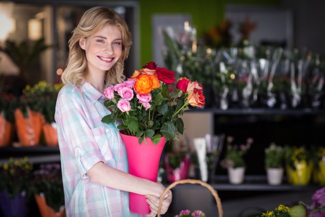 Happy female florist holding flower vase - Download Free Stock Photos Pikwizard.com
