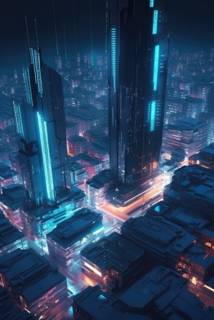 Skyscrapers and blue neon lights at night in cityscape, created using ...