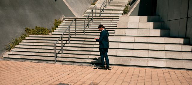 Caucasian man wearing suit and skateboarding in city - Download Free Stock Photos Pikwizard.com