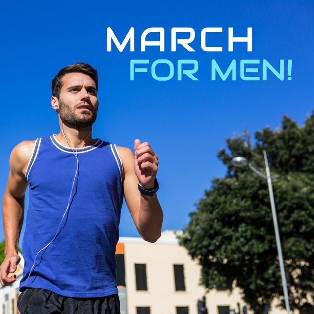 Digital composite image of march for men text by caucasian man running against blue sky on sunny day. event and prostate cancer awareness campaign concept.