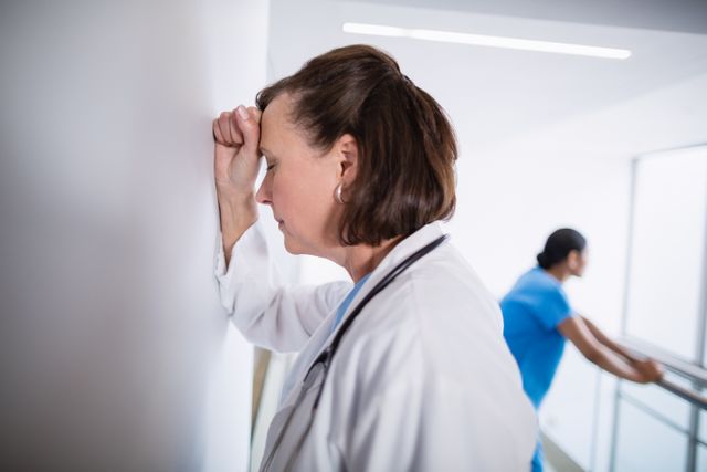Depressed doctor leaning against wall at hospital corridor