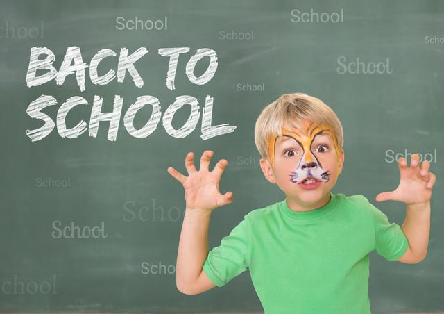 Boy with tiger face paint scaring against back to school text in background - Download Free Stock Photos Pikwizard.com