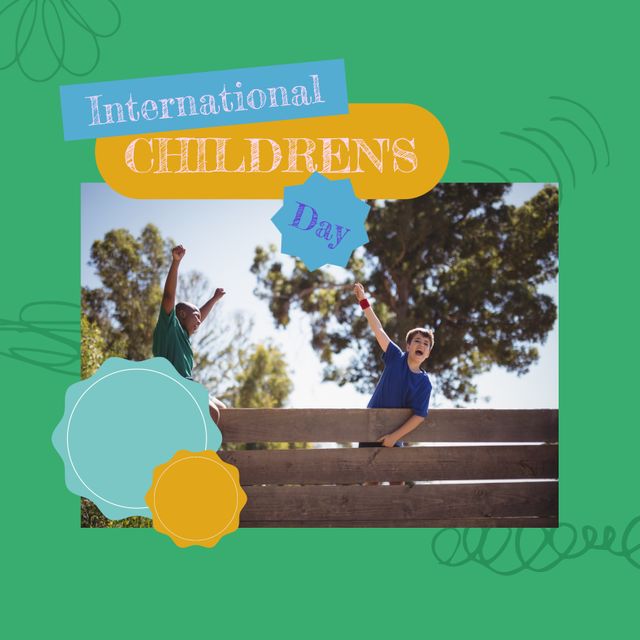 Composite of international children's day text over multiracial boys screaming on fence, copy space. Friends, enjoyment, childhood, togetherness, welfare, awareness and promotion concept.