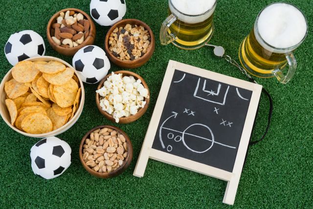 Strategy board, football and snacks on artificial grass - Download Free Stock Photos Pikwizard.com