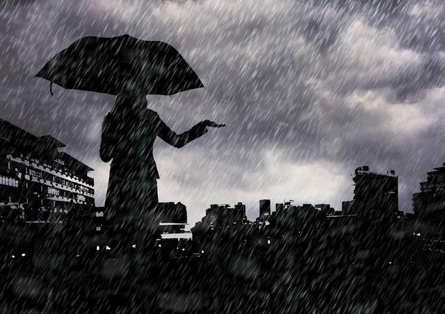 Silhouette of woman holding an umbrella against cityscape - Download Free Stock Photos Pikwizard.com