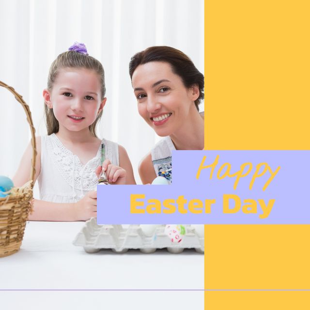Composition of happy easter day text on white blurred background with copy space. Easter, tradition and celebration concept digitally generated image.
