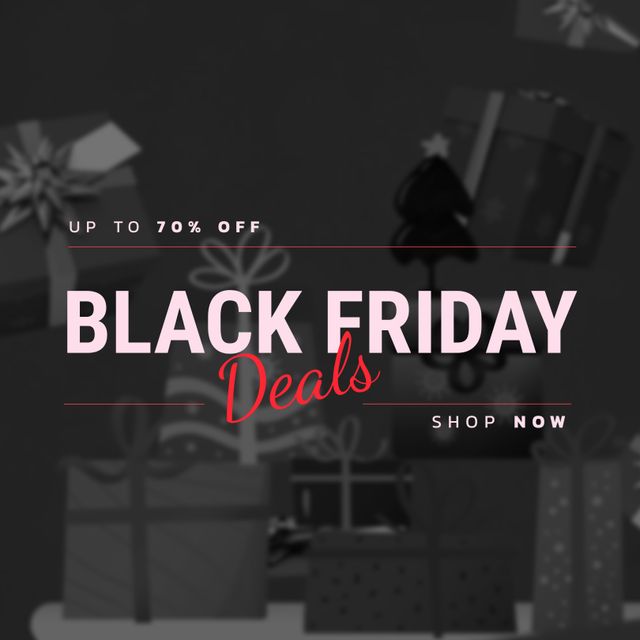 Composition of up to 70 percent off black friday deals shop now text over presents and decorations. Black friday, shopping and retail concept digitally generated image.