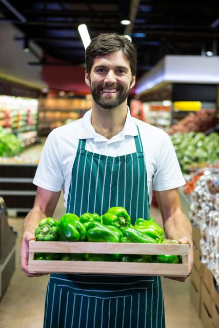 Smiling male staff holding a crate of green bell pepper at supermarket - Download Free Stock Photos Pikwizard.com