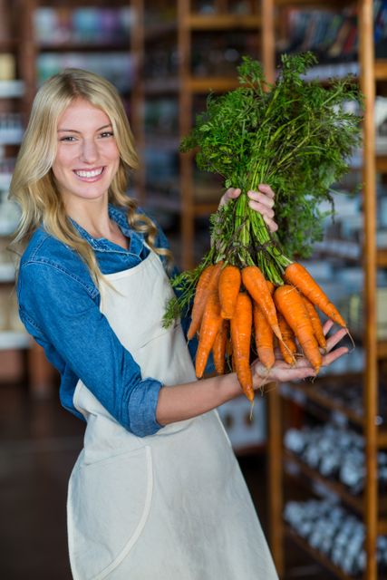 Smiling staff holding bunch of carrots in organic section - Download Free Stock Photos Pikwizard.com