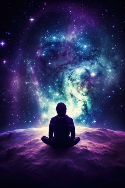 Man sitting on planet and admiring view of space with stars, created using generative ai technology - Download Free Stock Photos Pikwizard.com