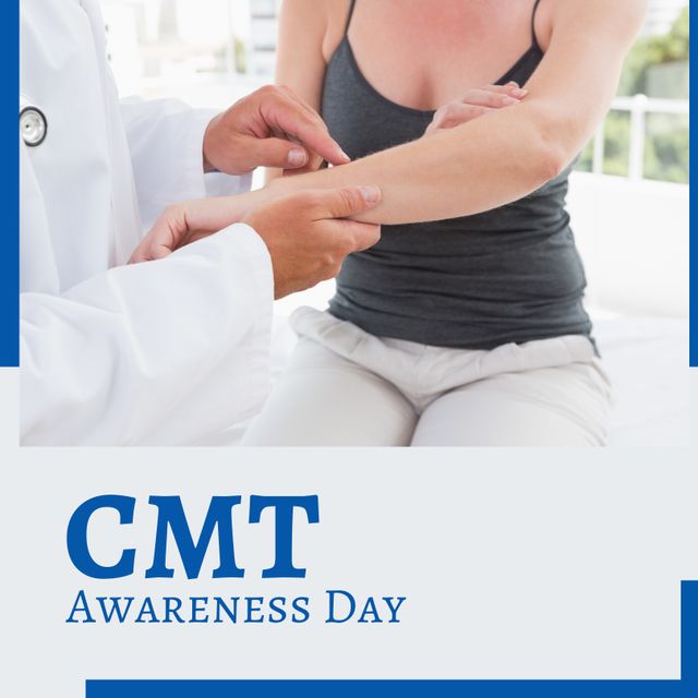 Composition of cmt awareness day text with diverse doctor and patient on grey background. Cmt awareness month and celebration concept digitally generated image.