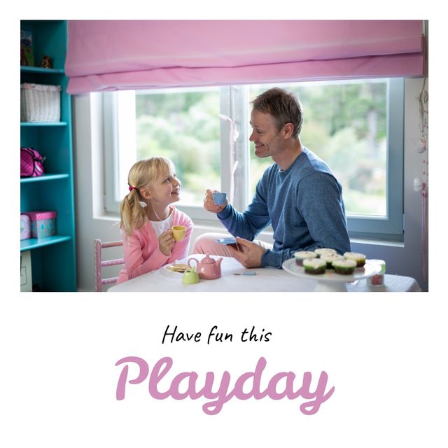 Composite of have fun this playday text with happy father and daughter playing together at home - Download Free Stock Videos Pikwizard.com