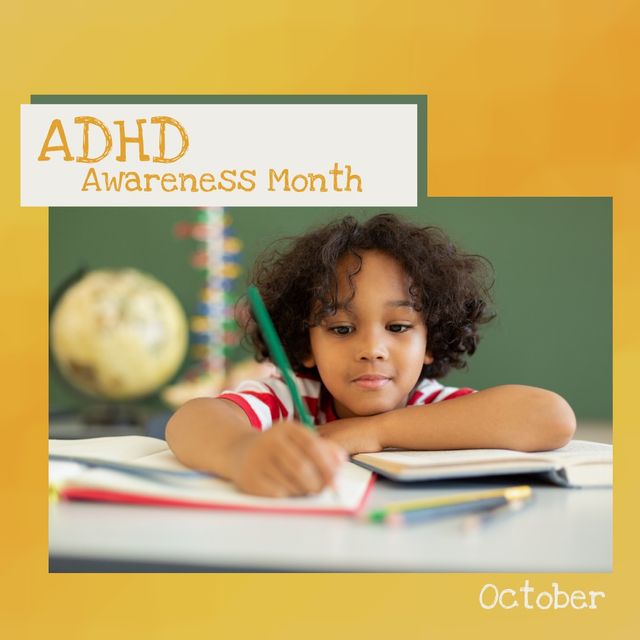 Image of biracial boy writing at school and adhd awareness month. Health, support and adhad awareness concept.