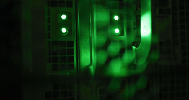 Close up of green control lights on computer servers in tech room. information technology, data processing and computers.