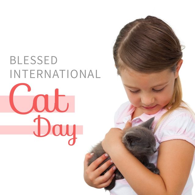 Composite of caucasian girl with kitten and blessed international cat day text on white background. childhood, copy space, friendship, love, togetherness, pet, cat, animal, protection and awareness.