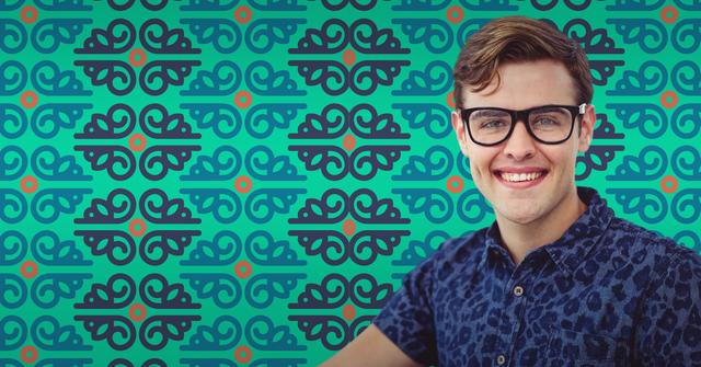 Digital composite of Man in glasses against pattern and teal background