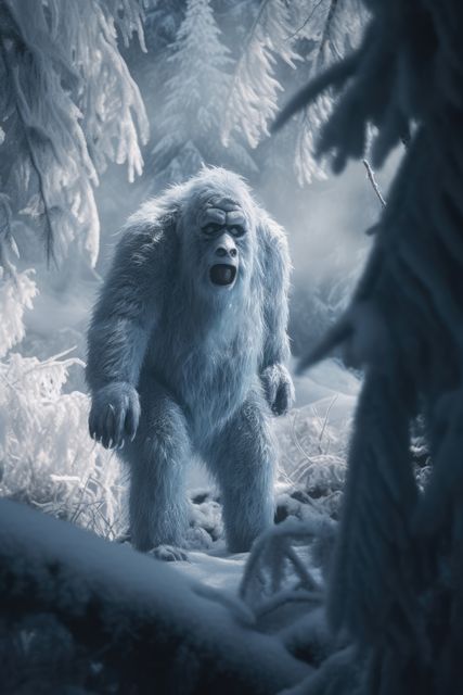 big yeti in beautiful snowy landscape, created with generative ai