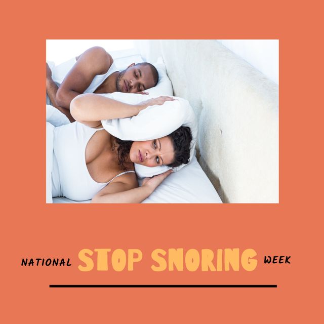 Composition of stop snoring week text and copy space on white background. Stop snoring week and sleep health concept digitally generated image.