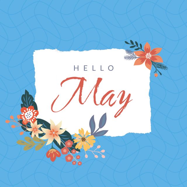 Composition of hello may text over colourful flower icons. May, flowers, nature and celebration concept digitally generated image.