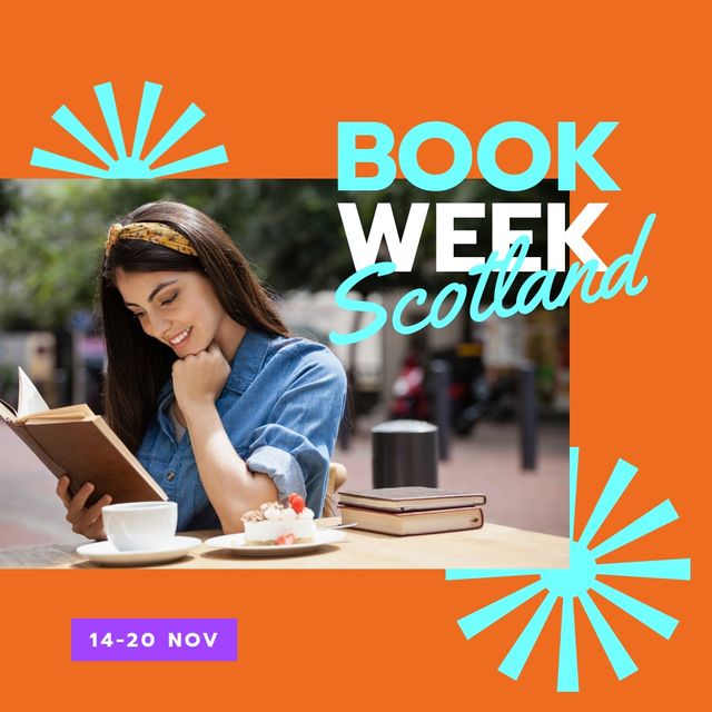 Image of book week scotland text on orange background over caucasian woman reading book. Book week scotland and reading concept.