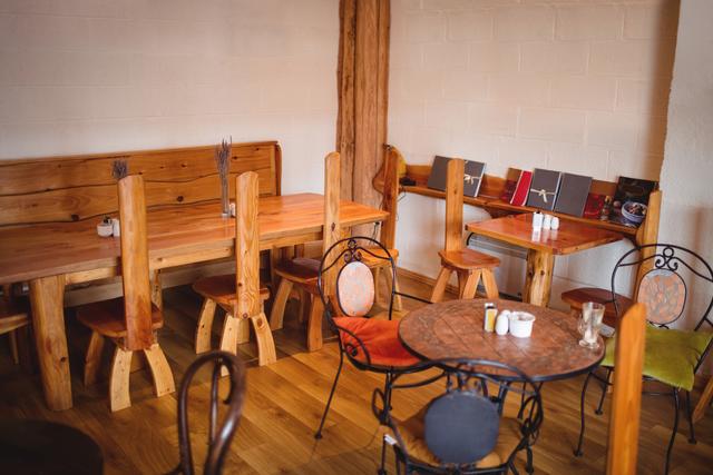 Empty tables and chairs set in cafÃ©