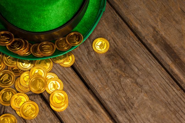St Patricks Day leprechaun hat with gold chocolate coins - Download Free Stock Photos Pikwizard.com