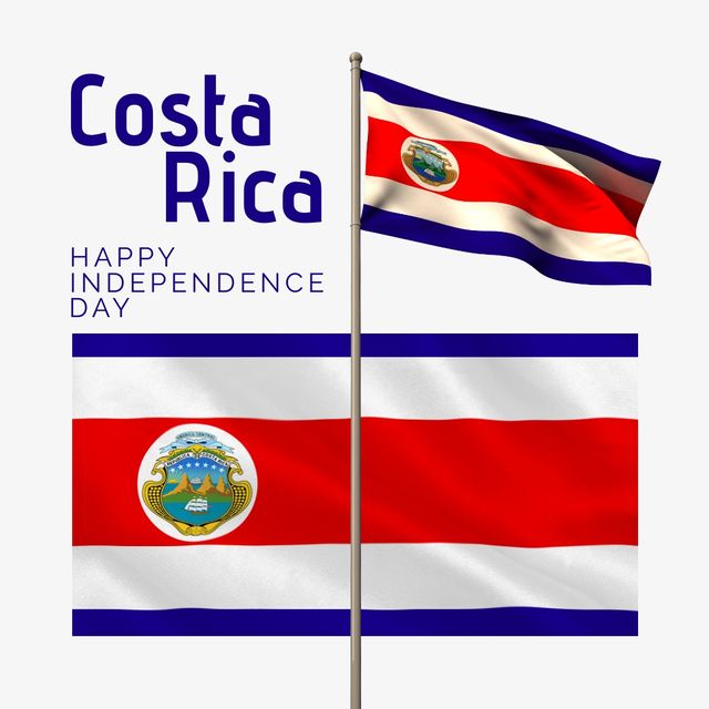 Costa rica independence day text banner and waving costa rica flag against white background. Costa rica independence awareness and celebration concept