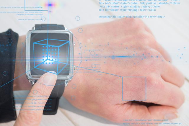 composite of hand using smartwatch with graphics