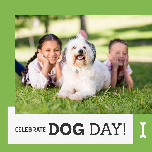 Composite of portrait of caucasian siblings with dog lying on grass and celebrate dog day text. Happy, family, childhood, togetherness, park, animal, pet, breed, adoption, protection, celebration.