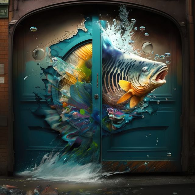 Building with door covered in colorful fish graffiti created using generative ai technology. Graffiti, urban art and colour concept digitally generated image.