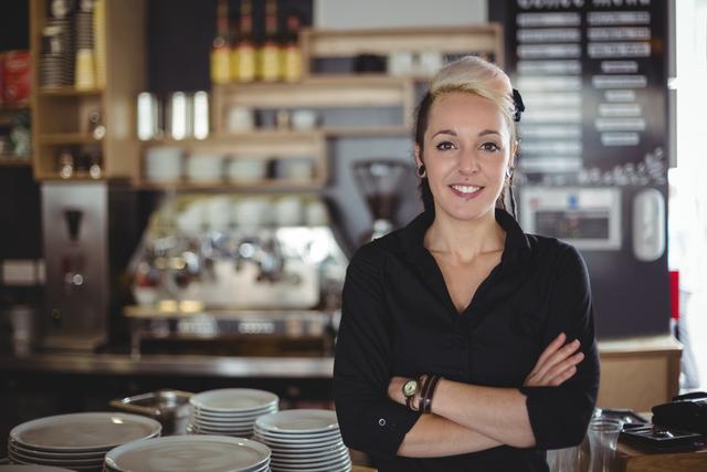 Portrait of waitress standing with arms crossed in cafe