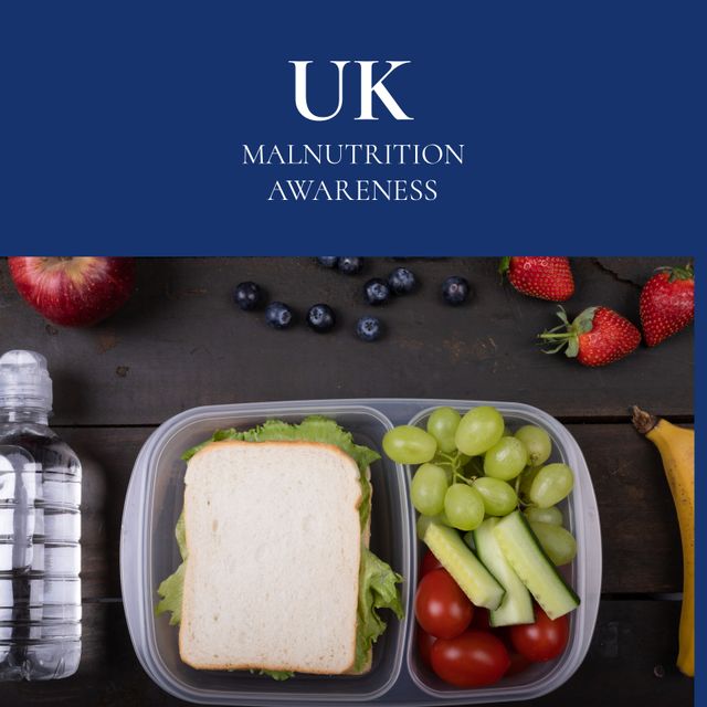 Composition of uk malnutrition awareness text with sandwitch and vegetables on blue background. Malnutrition awareness and celebration concept digitally generated image.