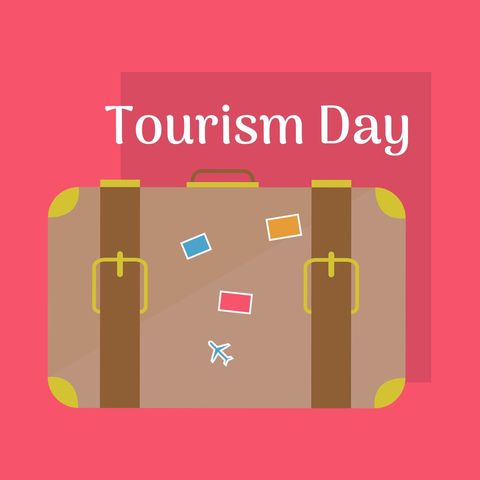 Vector image of suitcase with tourism day text on red background, copy space. Illustration, raise awareness, affects social, cultural, political and economic values worldwide, importance of tourism.