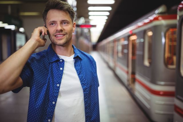 Handsome man talking on mobile phone on railway platform