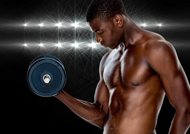 Digital composition of muscular man working out with dumb bells against black background