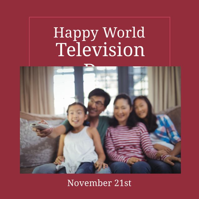 Composition of happy world television day text with asian family watching tv. Television day and celebration concept digitally generated image.