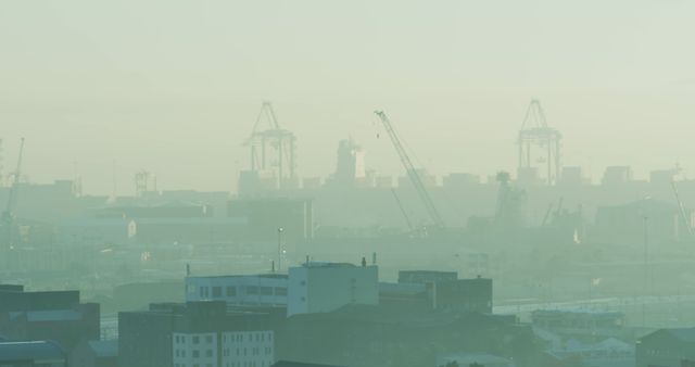 General view of cityscape with multiple modern buildings and construction site with smog. urban skyline, city and architecture.