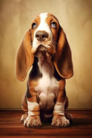 Portrait of cute basset hound on wooden floor, created using generative ...