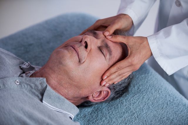 Senior man receiving head massage from physiotherapist - Download Free Stock Photos Pikwizard.com