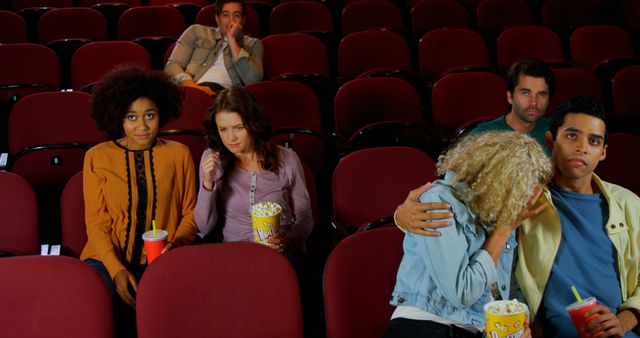 A group of young adults exhibits a range of emotions while watching a film in a theater. - Download Free Stock Photos Pikwizard.com