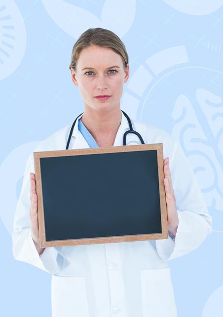 Digital composition of doctor holding a slate board against blue background