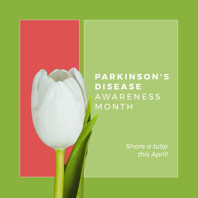 Composition of parkinson's awareness month and white tulip on green background. Parkinson's awareness month and healthcare concept.