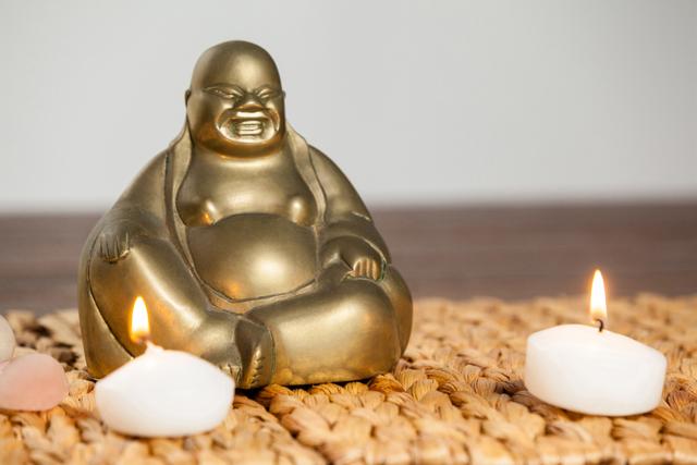 Laughing buddha figurine and lit candles - Download Free Stock Photos Pikwizard.com