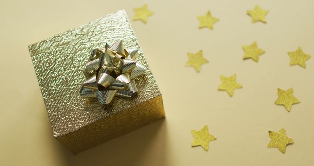 Image of christmas decorations with gold present on green background - Download Free Stock Photos Pikwizard.com