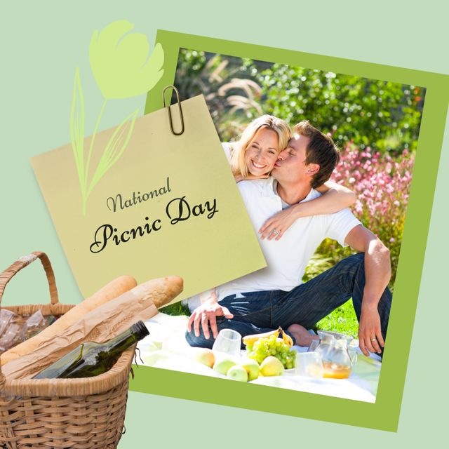 Composition of national picnic day text, couple in park and basket with food on green background. National picnic day outdoor eating and lifestyle concept digitally generated image.