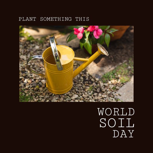 Composition of world soil day text over yellow watering can in garden. World soil day, gardening, planting, eco living and sustainability concept.