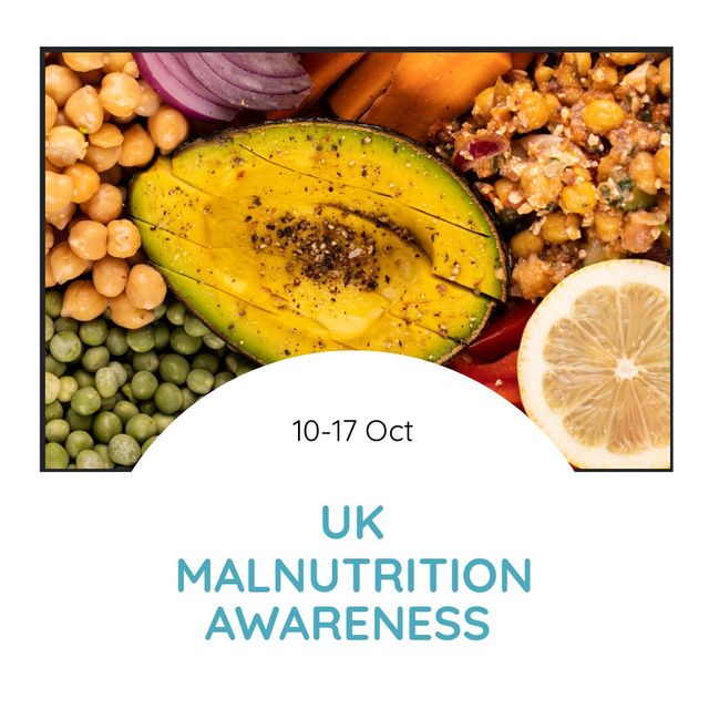 Various food with date and uk malnutrition awareness text on white background. Digital composite, food, health, vegetable, poverty, problems, hungry, food crisis and malnutrition concept.